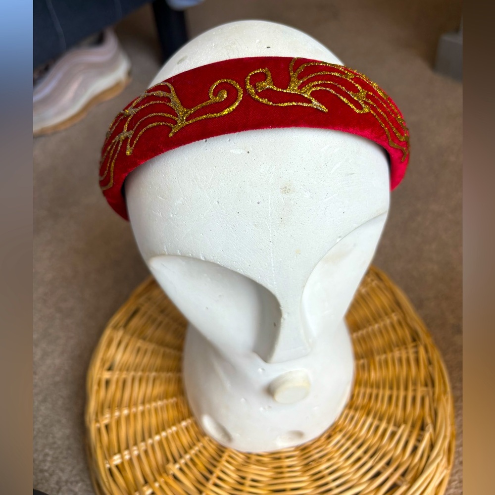 Red padded velvet hair band hand painted